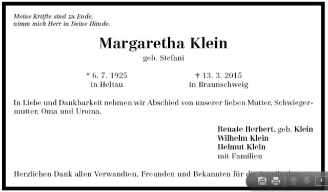 Stefani Margaretha 1925-2015 Todesanzeige